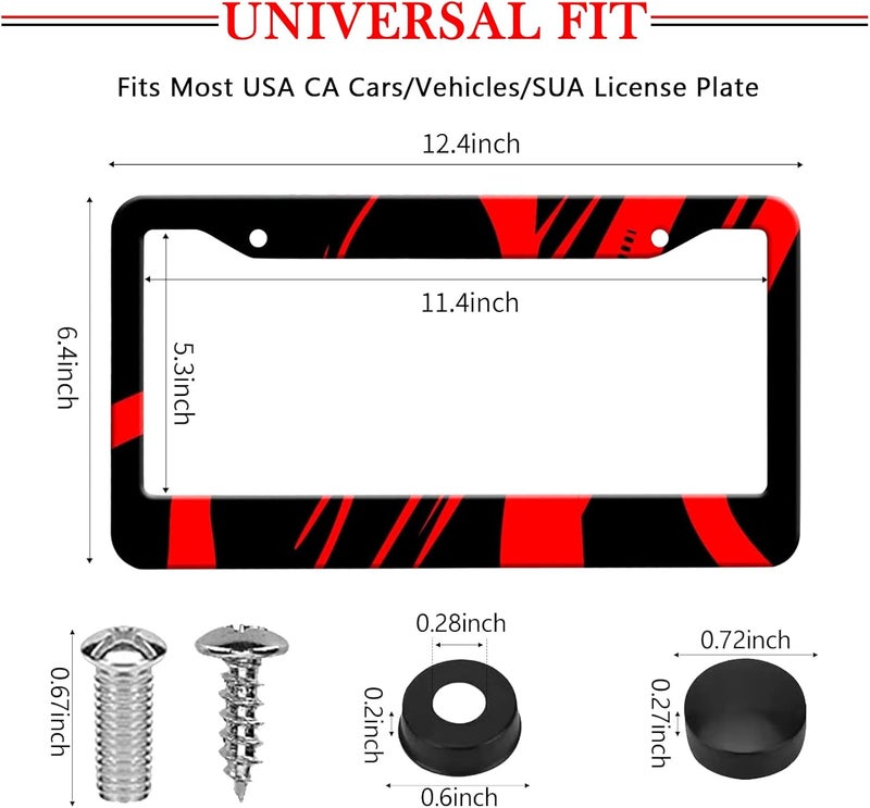 LIN KANG Red and Black License Plate Frames Holder - 2 Pack Black Red Aluminum Metal License Plate Frame Car Tag Frame Holder Front Rear Decorative with Screws Fasteners Caps - Image 2